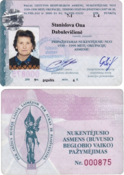 <p>Stanislovai Onai Dabulevičienei išduotas Nukentėjusio asmens (buvusio beglobio vaiko) pažymėjimas. 2009 m. gegužės 6 d.<br />
<em>Iš šeimos archyvo</em></p>
