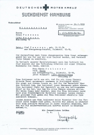 <p>Vokietijos Raudonojo Kryžiaus organizacijos Hamburgo paieškų tarnybos atsakymas Bruno Pasenau dėl dingusio sūnaus Olafo Pasenau paieškos. Informuojama, kad jokių duomenų nerasta. 1959 m. sausio 30 d.<br />
<em>Iš šeimos archyvo</em></p>
