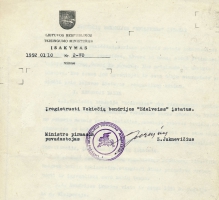 <p>Lietuvos Respublikos teisingumo ministerijos įsakymas, kuriuo įregistruojama bendrija „Edelweiss“ ir patvirtinami jos įstatai. Vilnius, 1992 m. sausio 10 d.<br />
<em>Iš vokiečių bendrijos „Edelweiss</em>“<em> archyvo</em></p>
