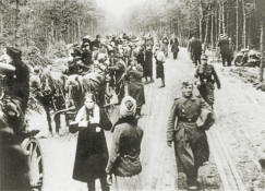 <p>Karo pabėgėlių kolona. Vežimuose tarp daiktų sėdi mažamečiai vaikai. 1944–1945 m.<br />
<em>Rytprūsių kraštiečių draugija, Rytų Prūsijos vaizdų archyvas</em></p>
