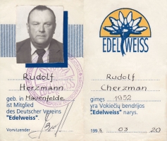 <p>Vokiečių bendrijos „Edelweiss“ pažymėjimas, išduotas R. Herzmannui. 1993 m. kovo 20 d.<br />
<em>Iš šeimos archyvo</em></p>
