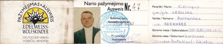 <p>Vokiečių bendrijos „Edelweiss-Wolfskinder“ pažymėjimas, išduotas B. Kizlingui. 1998 m. liepos 30 d.<br />
<em>Iš šeimos archyvo</em></p>
