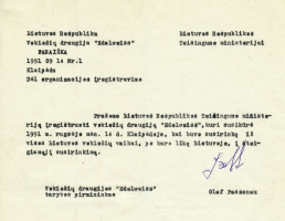 <p>Vokiečių bendrijos „Edelweiss“ tarybos pirmininko Olafo Pasenau prašymas įregistruoti draugiją. Klaipėda, 1991 m. rugsėjo 14 d.<br />
<em>Iš vokiečių bendrijos „Edelweiss</em>“<em> archyvo</em></p>

